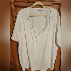 ROAMANS PLUS SIZE Ivory Short Sleeve Top with Rhinestone Neckline